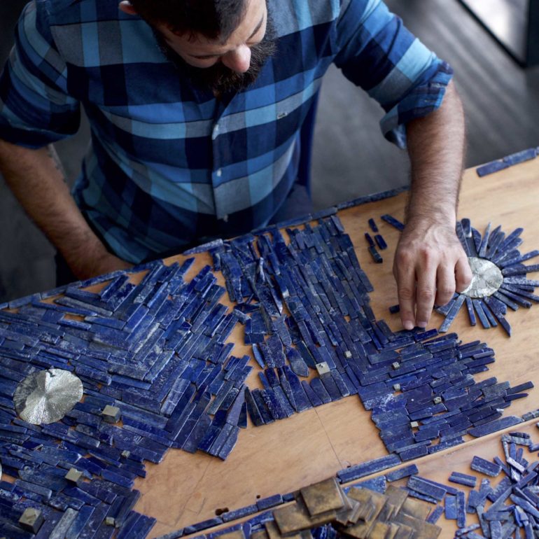Christopher Boots Hand-laid lapis lazuli tile and pyrite appliqués
