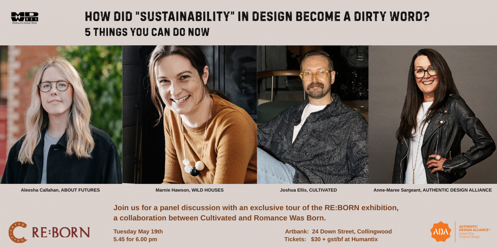 banner with four portrait and headline "when did "sustainability become a diety word' '5 things you can do now'