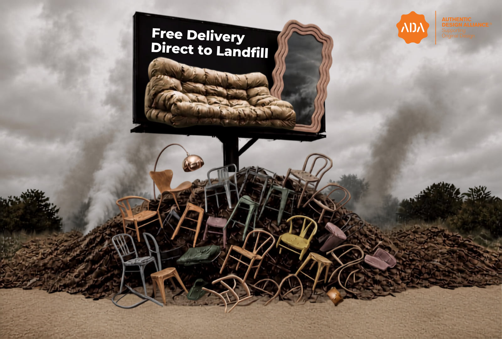Billboard reading Free Delivery Direct to Landfill above a mountain of discarded chairs